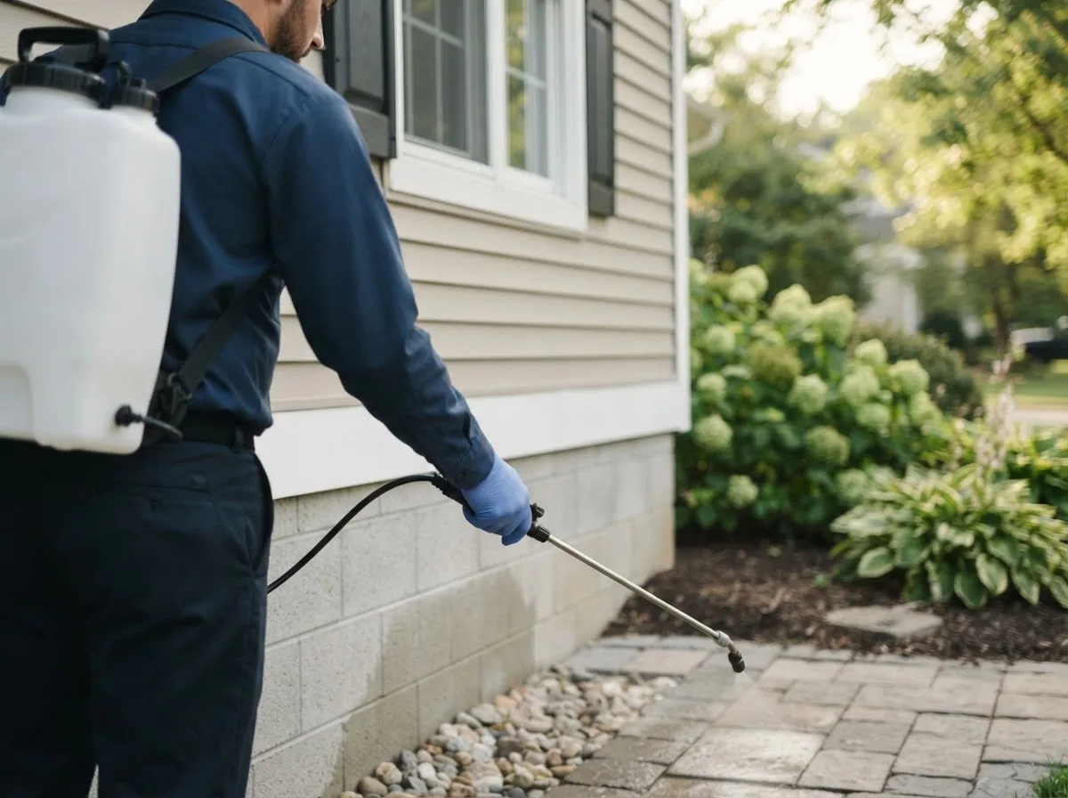 Pest control technician inspecting a home in Albany, IL